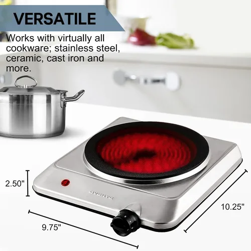 Vista 5 de OVENTE Quemador individual infrarrojo para encimera, placa eléctrica de 1000 W con placa de cocina de vidrio cerámico de 7.5 pulgadas, ajuste