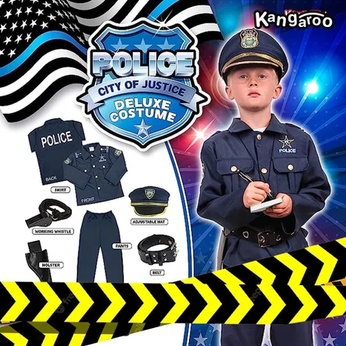 Vista 5 de Kangaroo Disfraz de policía para niños, sombrero de policía, camisa, pantalones, cinturón, funda y silbato, disfraz de policía para niños y niñas