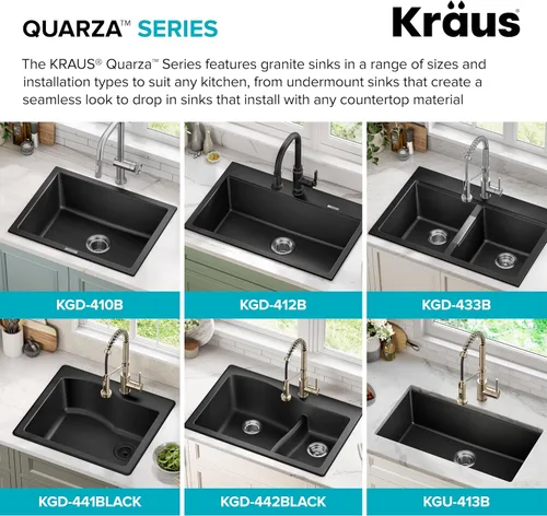 Vista 14 de Kraus Quarza - Fregadero de cocina de doble seno 60/40 de granito de instalación empotrada/sobre encimera, 33 pulgadas, color negro, KGD-442BLACK