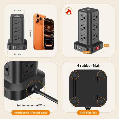 Vista 8 de SMALLRT - Cable de extensión con múltiples tomas, torre de regleta de alimentación con protector de sobretensiones, extensor de salida con 12