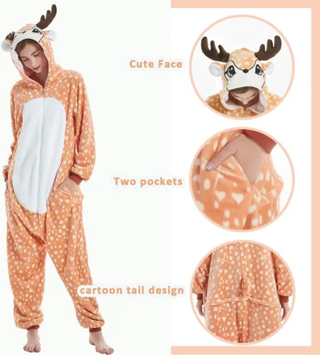 Vista 4 de Pijama de Halloween para adultos, pijama de ciervo con capucha, unisex, de una pieza, ropa de dormir de Navidad para el hogar
