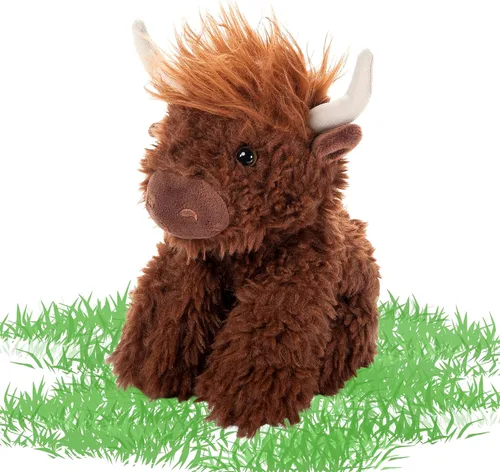 Vista 2 de The Petting Zoo Highland Cow Peluche de peluche, regalos para niños, animales salvajes de la vida silvestre, vaca marrón, 9 pulgadas