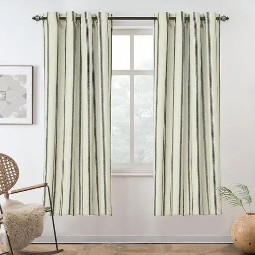 Vista 71 de DriftAway, cortinas de mezcla de lino estilo granja 100% opacas de 63 pulgadas de largo para dormitorio, cortinas de lino con rayas verticales