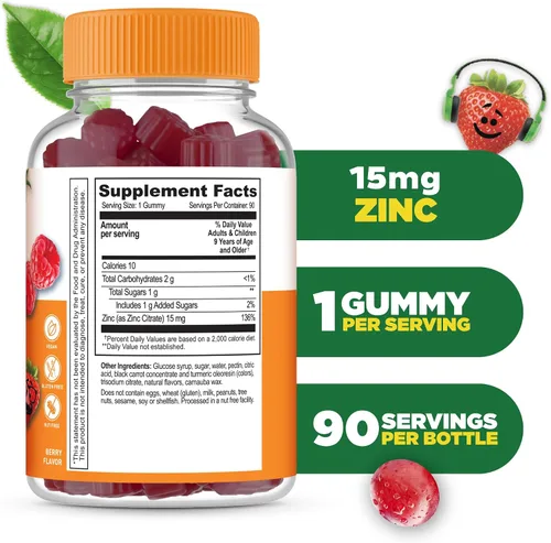 Vista 2 de Lifeable Gomitas de zinc para niños 15 mg Suplementos de zinc para niños de gran sabor Vitaminas vegetarianas de zinc sin OMG para una piel