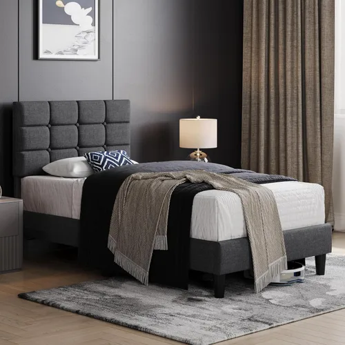 Vista 3 de Yaheetech Base de cama tapizada, moderna plataforma de cama individual con cabecera de costura cuadrada y botones, altura ajustable, soporte