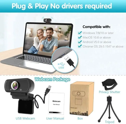 Vista 6 de Webcam HD 1080p, cámara HD para transmisión en vivo con micrófono estéreo, cámara web USB para PC de escritorio o portátil con ángulo de visión