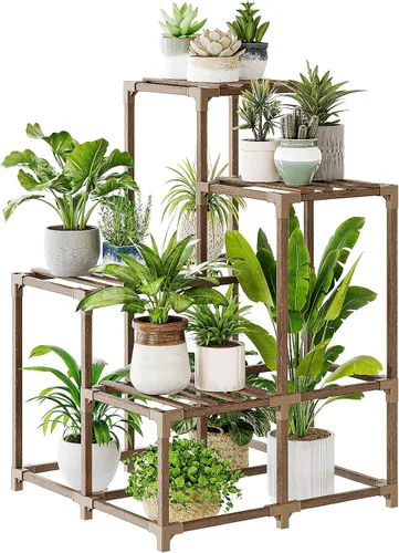 Vista 6 de Bamworld - Soporte esquinero para plantas de interior y exterior, mesa pequeña para varias plantas, estante de madera para jardín, patio, césped