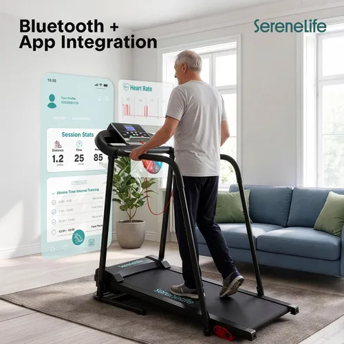 Vista 8 de SereneLife Máquina de ejercicios eléctrica plegable para caminadora – Entrenador de fitness digital compacto inteligente con sincronización