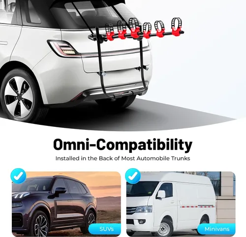 Vista 7 de Soporte de bicicleta de coche para 3 bicicletas, con correas ajustables para maletero, se pliega para almacenamiento, compatible con la mayoría