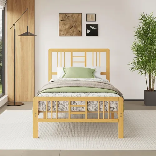 Vista 7 de Marco de cama de madera de bambú de 12 pulgadas con cabecero y estribo, marco de cama con soporte de listones de metal, resistente, no necesita