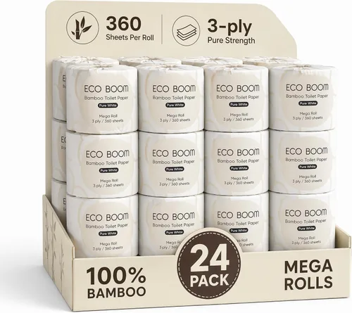 Vista 11 de ECO BOOM Papel higiénico de bambú sin blanquear, 100% libre de deforestación y sin plástico, 3 capas resistentes, certificado FSC, sin fragancia, 9