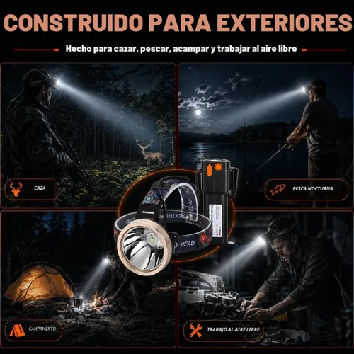 Vista 3 de Linterna de cabeza LED recargable de alta potencia - Impermeable, linterna de cabeza ajustable, linterna de cabeza manos libres para acampar