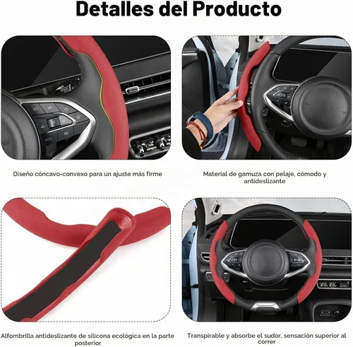 Vista 5 de Ergocar Sporty Suede - Funda para volante en forma de D y redonda, universal, antideslizante, transpirable, segmentada, funda protectora para Negro