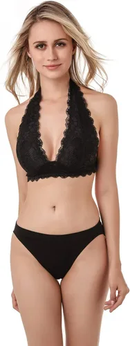 Vista 4 de Brasier de encaje floral con cierre de gancho en la parte trasera, sin relleno, sin alambre, brasier de encaje Negro