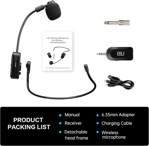 Vista 9 de EBJ Micrófono de auriculares inalámbricos 2.4G y micrófono de mano 2 en 1, transmisión estable de 98.4 ft, carga USB dual tipo C, compatible