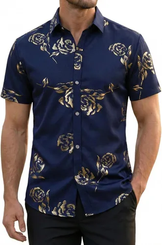 Vista 14 de ZEROYAA - Camisas de vestir de manga corta con estampado de rosa dorada para hombre, estilo hipster, calce ajustado, con botones