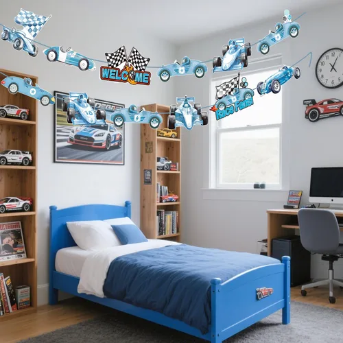 Vista 9 de Letrero de porche de carreras de autos de carreras, decoración de cumpleaños de carreras, autos de carreras azules, pancartas recortadas para colgar