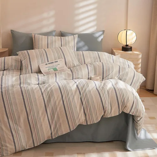 Vista 20 de HighBuy Juego de funda de edredón vintage con volantes y estampado de rayas francesas, 100% algodón con cierre de cremallera, juego de ropa de cama