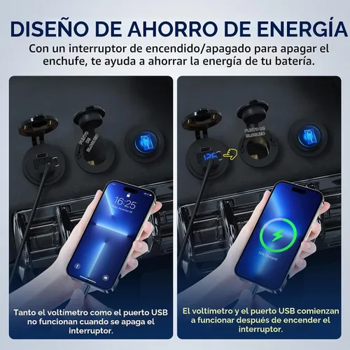 Vista 4 de DaierTek Paquete de 3 enchufes de cargador de coche USB C de 12 V, 48 W PD y QC 3.0 de carga rápida con voltímetro e interruptor
