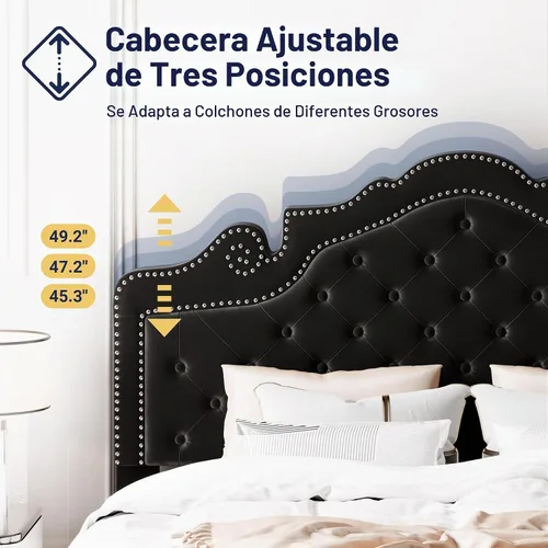 Vista 6 de Allewie Base de cama tamaño completo con cabecero de tiara de terciopelo ajustable, cama plataforma tapizada con botones de diamante capitoné Negro