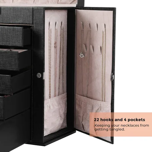 Vista 6 de ANWBROAD Caja de joyería grande de 6 niveles, organizador de joyas con cerradura de espejo, caja de joyería para niñas, aretes, anillos, collares