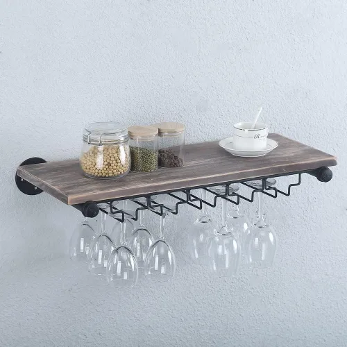 Vista 2 de Estante de vino industrial montado en la pared con soporte para 5 vidrios,Estante flotante para copas de vino,Estantería de tubo de 24 pulgadas