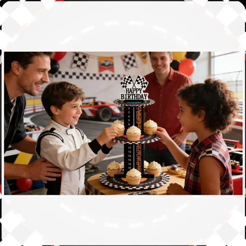 Vista 2 de Soporte de 3 niveles para cupcakes de autos de carreras en blanco y negro, decoración de fiesta de cumpleaños, para carreras, auto de carreras