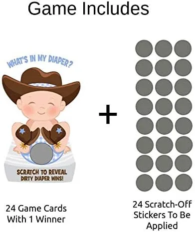 Vista 2 de What In My Diaper Scratch Off Game Cowboy 24 cartas - 1 ganador Juegos de baby shower Decoraciones Fiesta de pañales