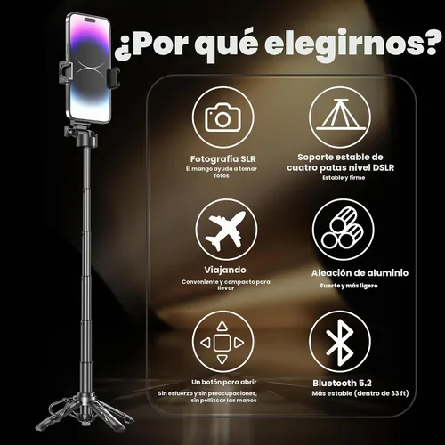Vista 2 de Palo selfie multifuncional 4 en 1 y trípode para iPhone/Android, rotación de 360 grados, con control remoto, portátil para creadores de contenido