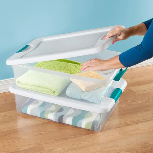Vista 6 de Sterilite Solución de sistema de almacenamiento con caja de almacenamiento apilable transparente de 32 cuartos de galón con tapa de cierre blanca