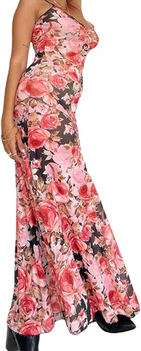 Vista 3 de Vestido largo sin espalda con tirantes delgados para mujer, vestido largo Y2K con correa de encaje de satén, teñido anudado, vestido bodycon sexy