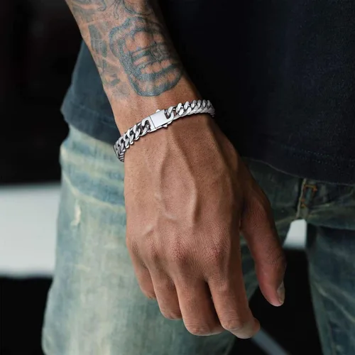 Vista 2 de ChainsProMax Pulseras de cadena cubana de acero inoxidable para hombre, 5790.472 in de ancho, 7.58.39 pulgadas de largo, negrodorado
