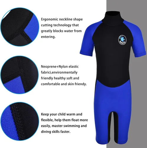 Vista 5 de Traje de neopreno de 3 mm para niños, niñas, niños pequeños y jóvenes; traje de baño completo térmico para agua fría; cremallera en la espalda