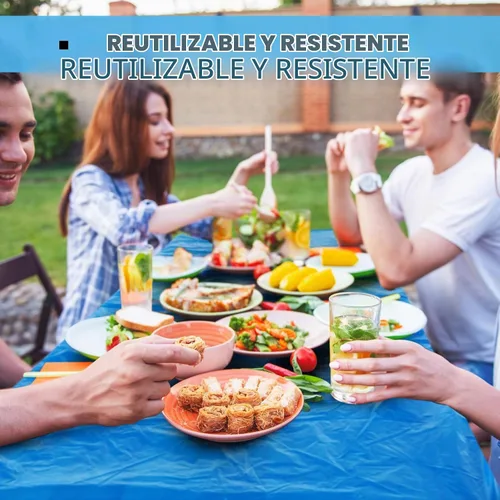 Vista 6 de Boao 12 piezas de manteles de plástico desechables para mesas con borde elástico ajustable, manteles rectangulares impermeables para mesas de Azul