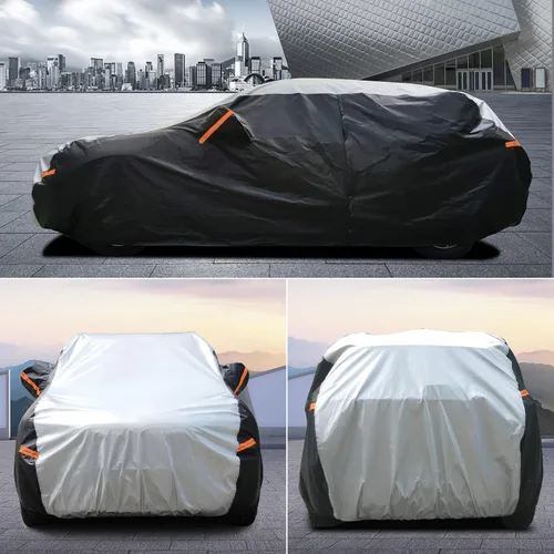 Vista 5 de Funda impermeable para auto al aire libre, para todo tipo de climas, 6 capas de cubierta completa, protección contra lluvia, sol y rayos UV