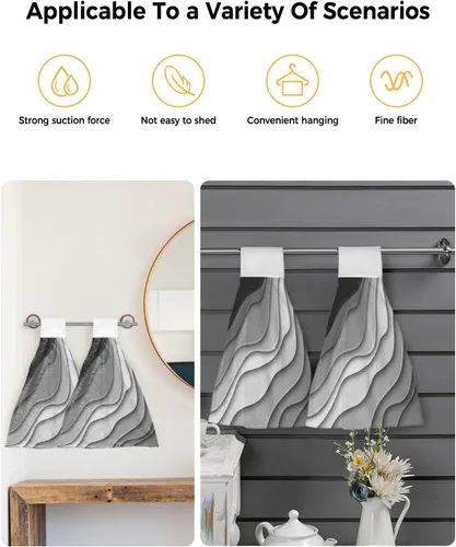 Vista 4 de Toallas de cocina con lazo para colgar, toallas de mano abstractas onduladas de color gris degradado, suaves, absorbentes, para baño, bar, hogar