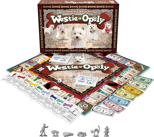 Vista 2 de Late for The Sky Westie-opoly Dog Lovers - Juego de mesa de estrategia familiar West Highland Terrier, a partir de 8 años, 2 a 6 jugadores