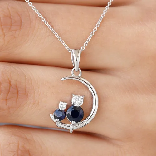 Vista 5 de Collar de zafiro azul de 34 quilates y diamante gato en la luna para mujer calidad AAA oro blanco de 10 quilates con cadena Metal Piedra preciosa