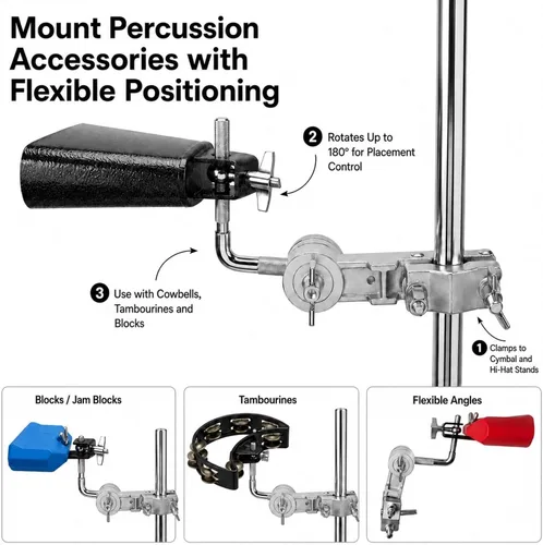 Vista 4 de ROSS Percussion - Abrazadera universal de montaje para cencerro con barra en L ajustable Accesorio de hardware de tambor multiajuste