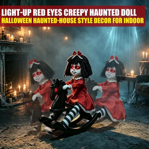 Vista 13 de Halloween Animatronic Decorations Girl Doll on Rocking Horse with Lights