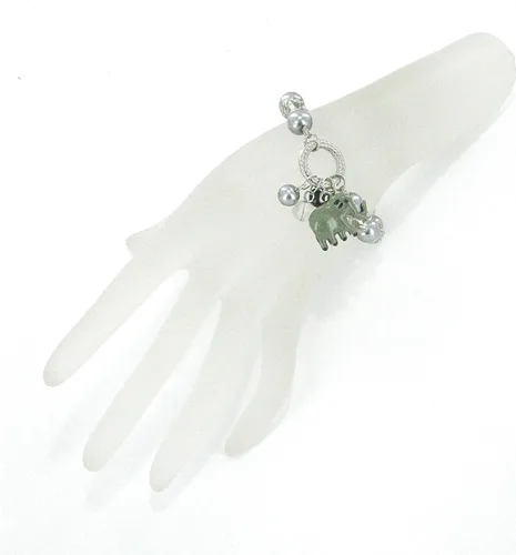 Vista 5 de Linpeng BR-2476B Fiona Pulsera elástica con cuentas de cristal y perlas con colgantes, gris claroblanco