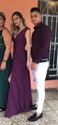 Vista 5 de Chiffon Bridesmaid Dresses V Neck Lace Appliques A Line Chiffon Long Formal Gowns with Slit