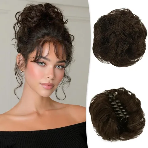 Vista 29 de RUWISS Extensiones de cabello humano real, ondulado y rizado, moño despeinado, cola de caballo para mujer (12H24# castaño rojo/rubio mediano)