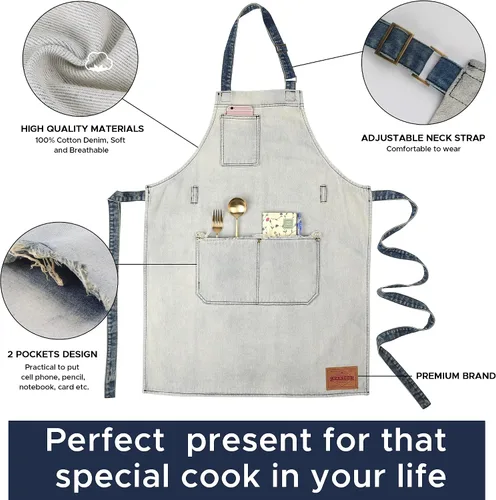 Vista 6 de Delantal de Chef de Mezclilla para Mujeres con Bolsillos, Delantal de Cocina de Camarera de Jean para Hombres para Cocinar Jardinería Pintura