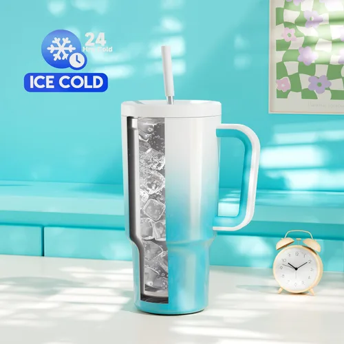 Vista 2 de Meoky - Vaso de 30 oz con asa, tapa y pajilla, taza de viaje térmica de acero inoxidable 100% a prueba de fugas, para portavasos, mantiene el frío
