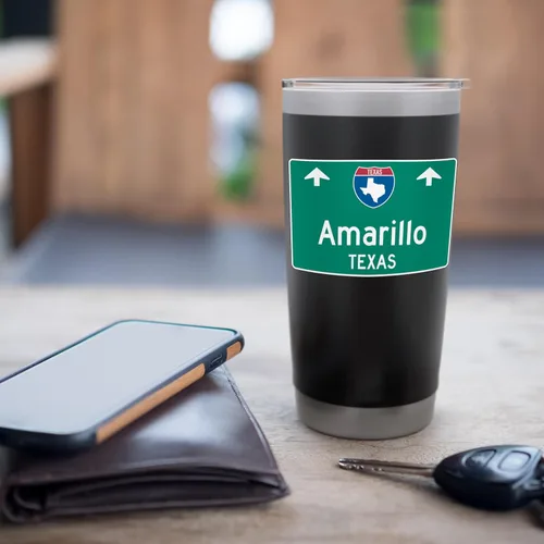 Vista 7 de Amarillo Texas Road Trip TX Highway Trffic Sign, vaso aislado de acero inoxidable