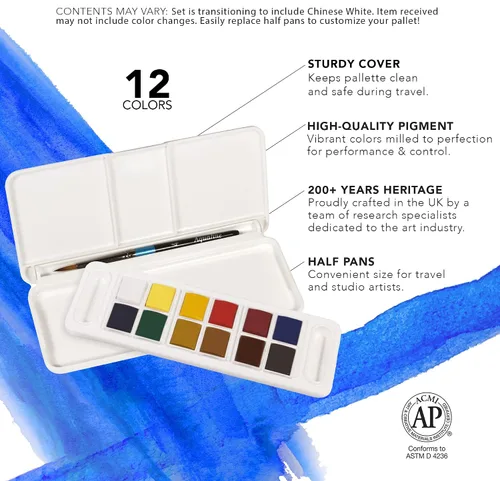 Vista 3 de Daler Rowney Aquafine - Juego de viaje de acuarela de 12 piezas, juego de pintura de acuarela para papel de acuarela y más, juego de acuarela