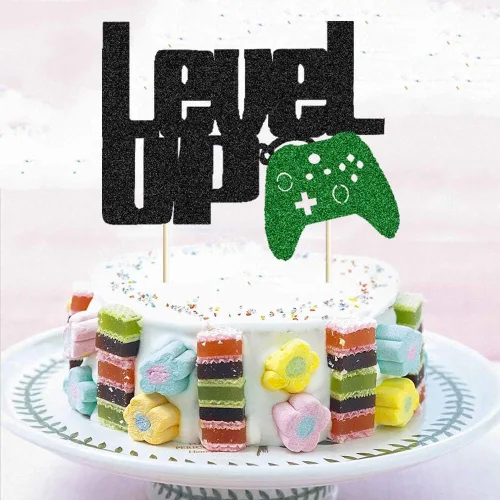 Vista 3 de Level Up - Decoración para tartas con purpurina negra y verde para fiesta de videojuegos, controlador de videojuegos, fanáticos de juegos, temática