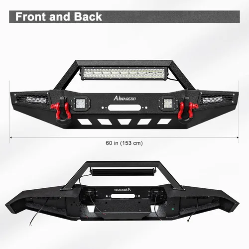 Vista 2 de Parachoques delantero para Cherokee XJ, AAIWA parachoques de acero con barra de luz LED y soporte de placa de cabrestante compatible con Cherokee XJ