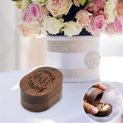Vista 6 de Caja de anillo de boda personalizada para ceremonia, caja de anillo ovalada de madera, caja de soporte para anillos de boda para él y ella, caja